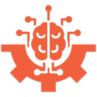Red brain and gear icon on black.