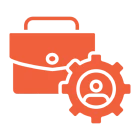 Orange briefcase and gear icon on black.