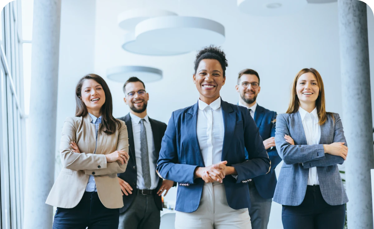Smiling business team in a modern office.